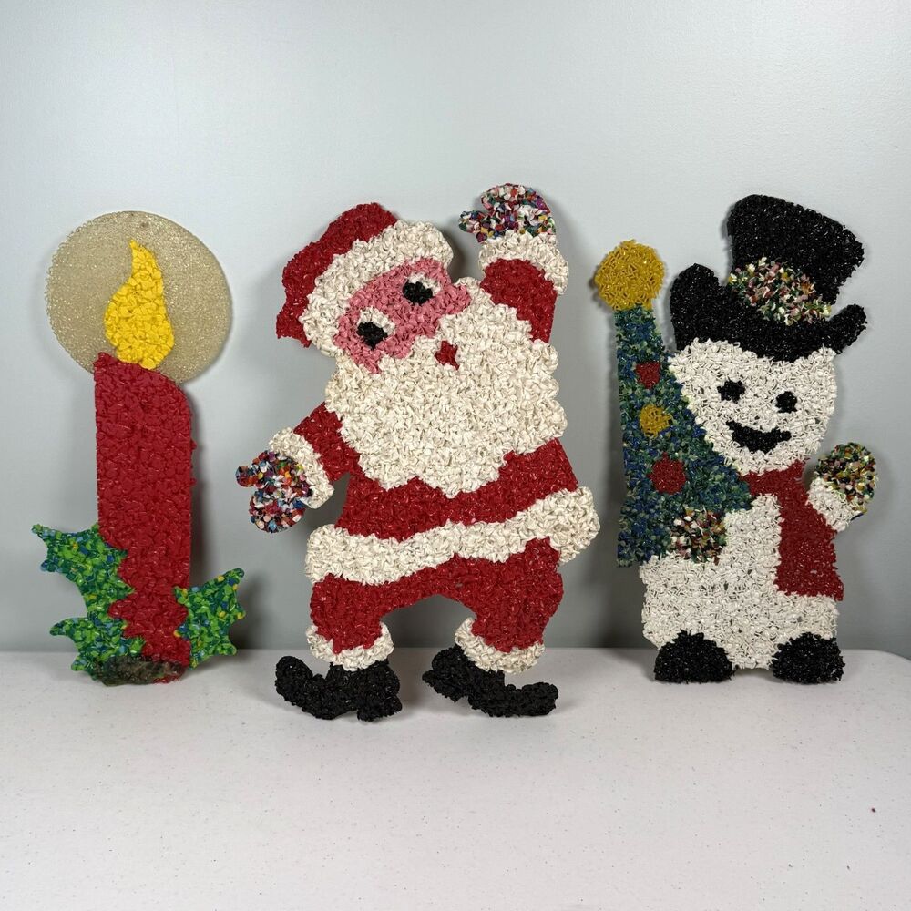 Melted Popcorn Plastic Santa Snowman Canldle Christmas Wall Deco Lot of 3 VTG